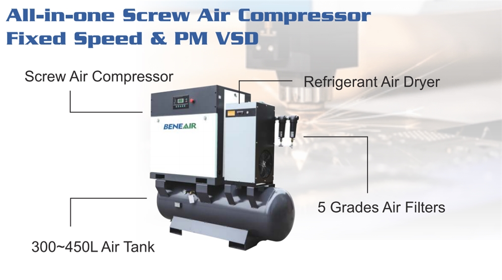 Chinese Manufacturers 15KW 20HP 15bar~16bar 4 in 1 Integrated Rotary Screw Air Compressor for Fiber Laser Cutting Machine