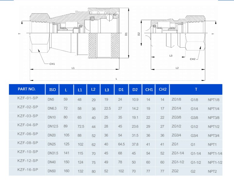 KZF 1/2 Inch  BSP/NPT Thread Female /male 304 Stainless Steel Quick Release Hydraulic Connectors
