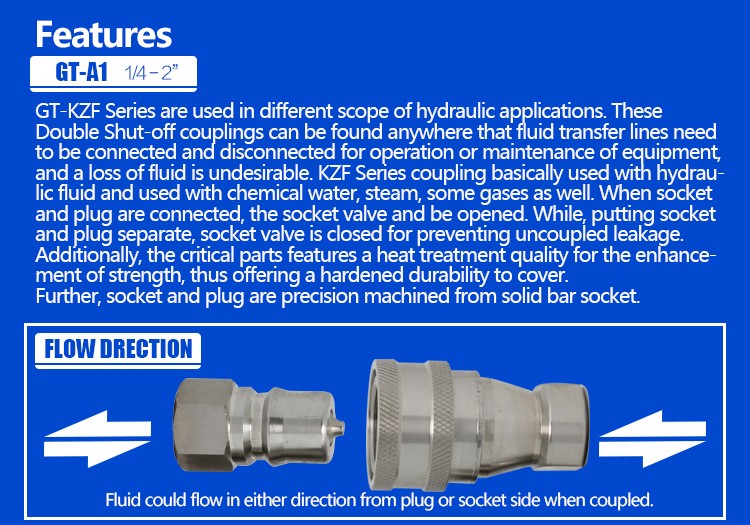 KZF 1/2 Inch  BSP/NPT Thread Female /male 304 Stainless Steel Quick Release Hydraulic Connectors