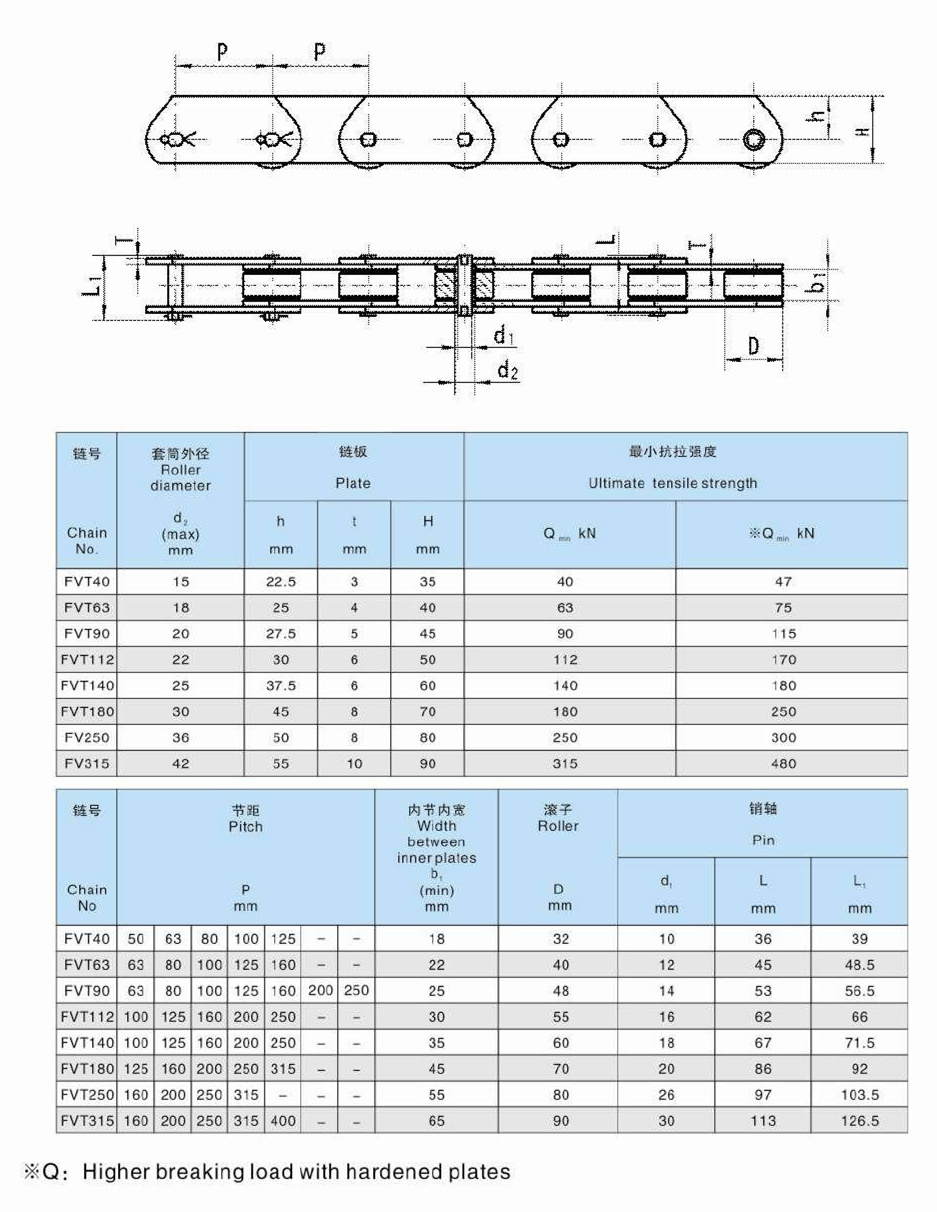 China Manufacture Fvt40 Fvt63 Fvt90 Fvt112 Fvt140 Fvt180 Fvt250 Fvt315 Fvt Series Conveyor Steel Chains with High Quality