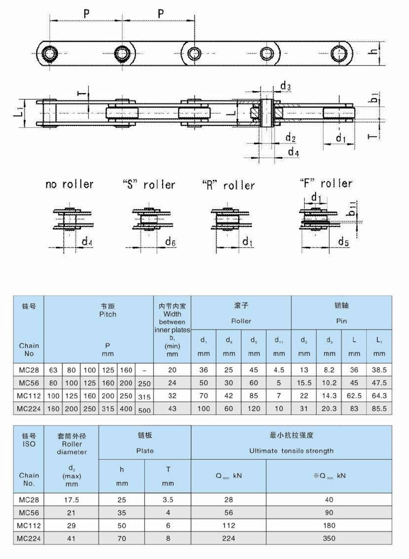 China Manufacture Metre Mc Series Mc28 Mc56 Mc112 Mc224 Hollow Pin Conveyor Steel Chains With High Quality