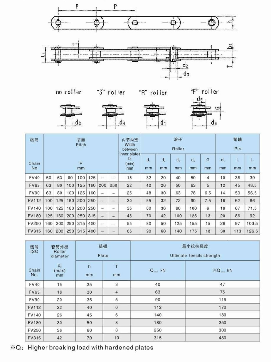 China Manufacture Chain Fv40 Fv63 Fv90 Fv112 Fv140 Fv180 Fv250 Fv315 Fv Series Steel Conveyor Chains with High Quality