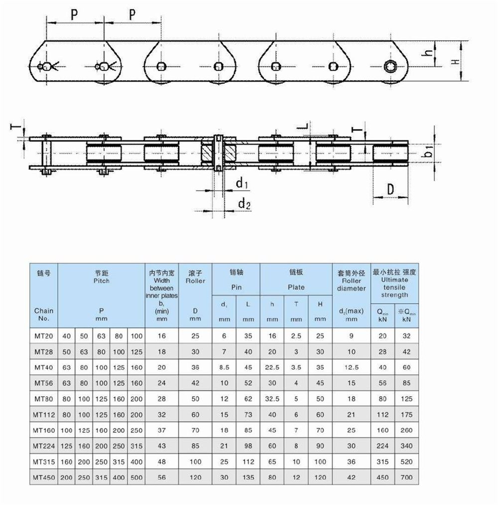 China Manufacture Chain Mt20 Mt28 Mt40 Mt56 Mt80 Mt112 Mt160 Mt224 Mt Series Conveyor Chains With High Quality