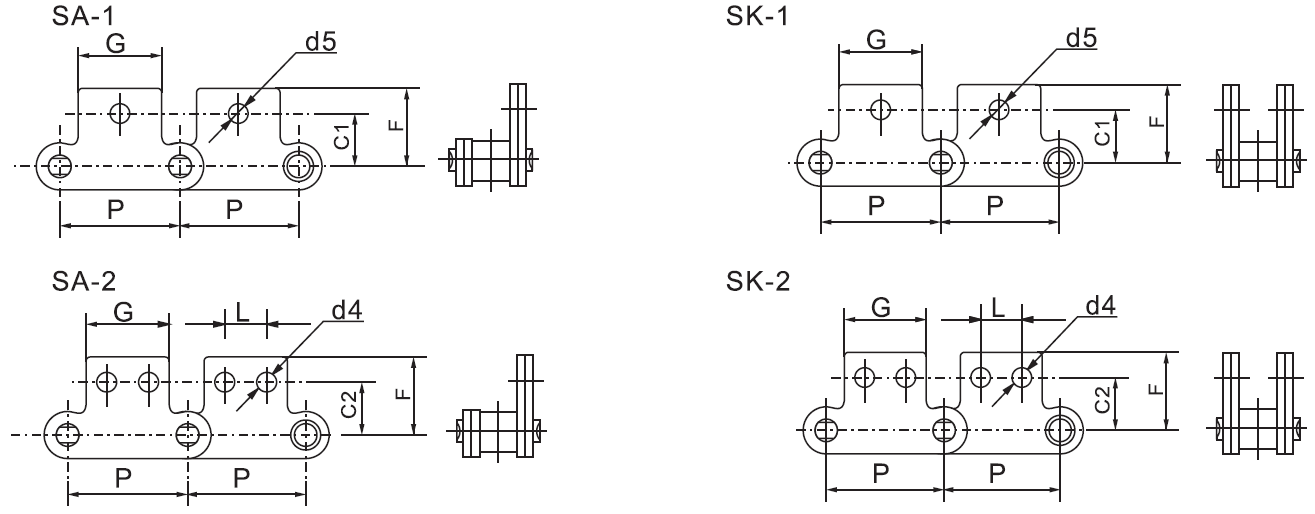 SSC224ALSK2F1 Stainless Steel Double Pitch Conveyor Chain With Attachment SA1&SA2&SK1&SK2 and Sprockets in Steel