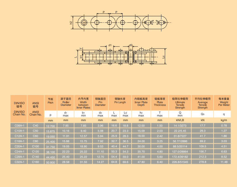 ANSI C100 Roller Chain with Straight Side Plates