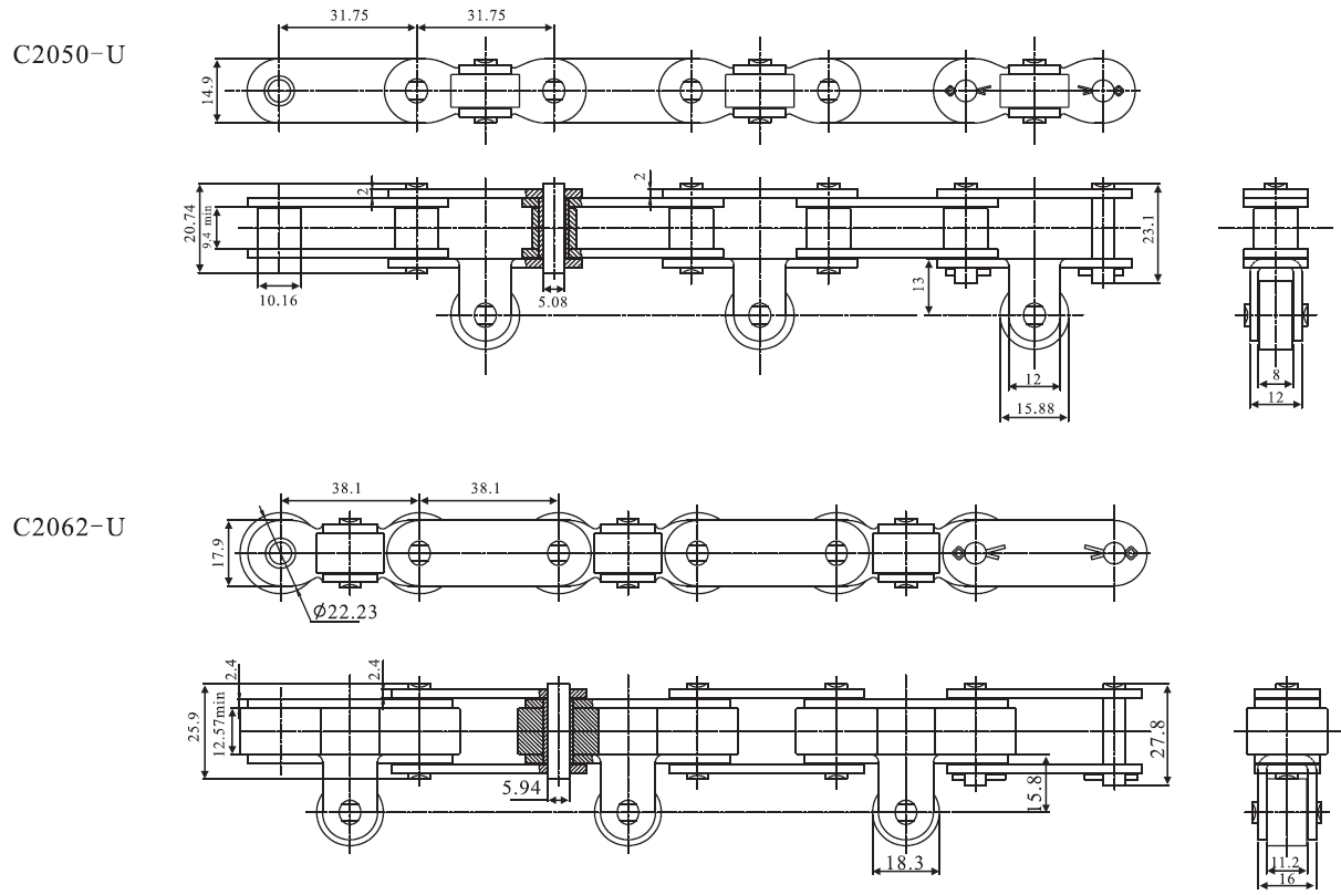SSC224ALSK2F1 Stainless Steel Double Pitch Conveyor Chain With Attachment SA1&SA2&SK1&SK2 and Sprockets in Steel